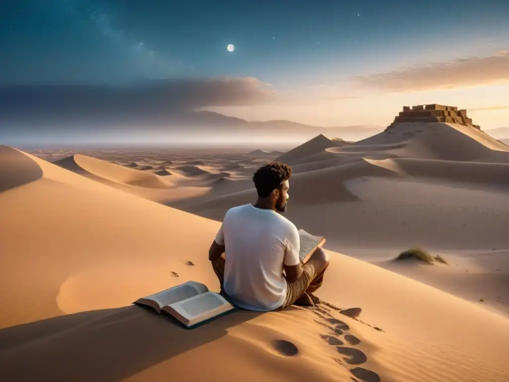 Un poeta nómada contempla ruinas bajo un cielo estrellado en el desierto, evocando literatura poesía nómada cultura sedentaria