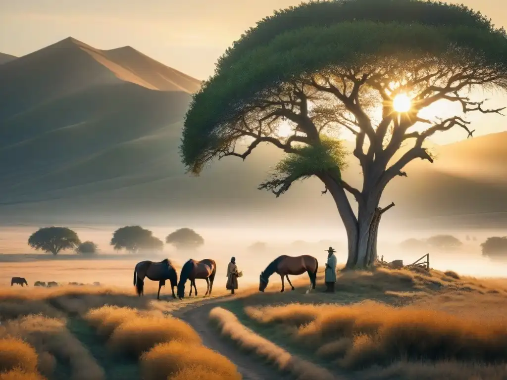 Poeta nómada inspirado en la estepa al atardecer Un poeta nómada compone versos bajo un árbol, rodeado de caballos, en una estepa al atardecer