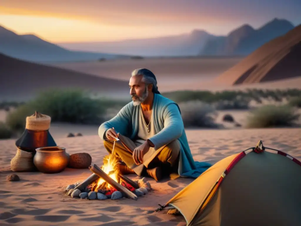 Poeta nómada en desierto al atardecer: diversidad cultural y espiritualidad Un poeta nómada componiendo versos al atardecer en el desierto, rodeado de diversidad cultural y espiritual