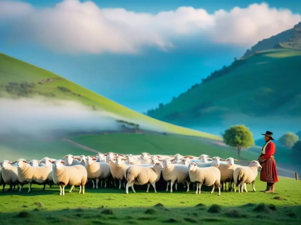 Prácticas ancestrales de pastoreo en armonía con la naturaleza en un paisaje verde y vasto bajo el cielo azul