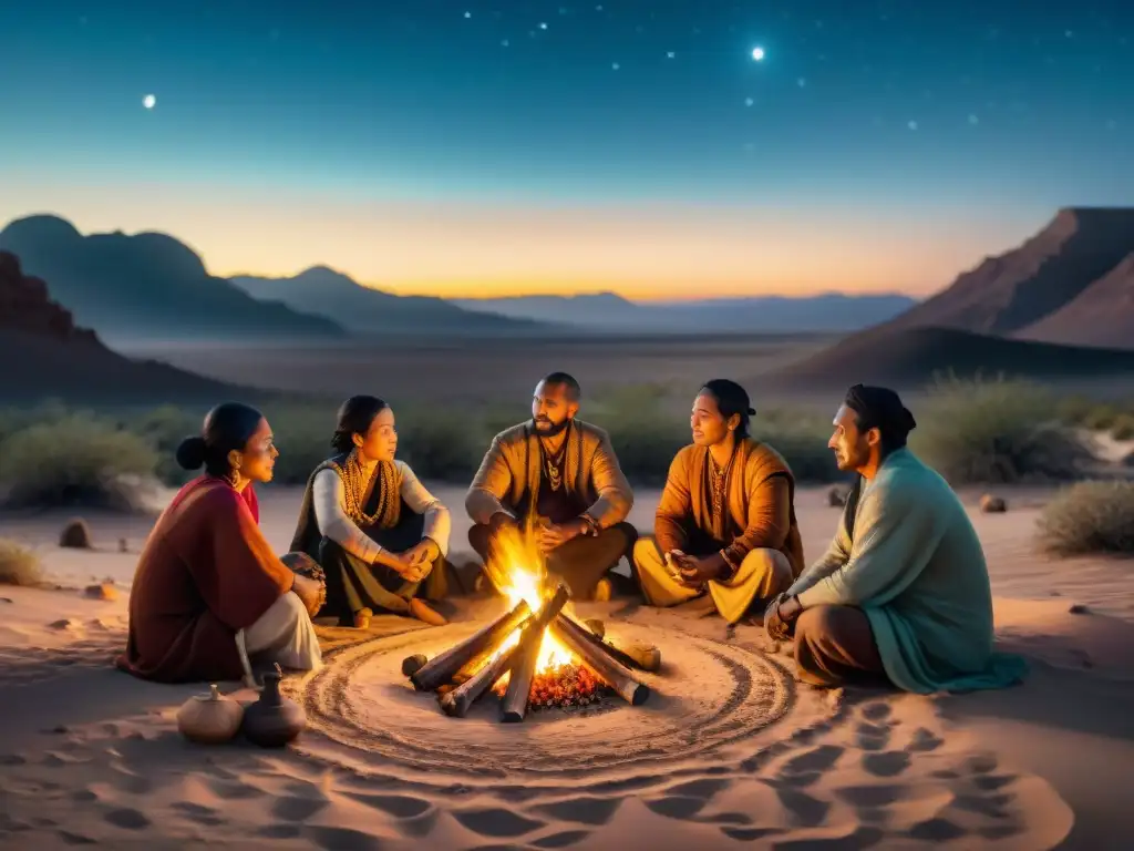 Prácticas de bienestar de nómadas: Tribu reunida alrededor de fogata en desierto estrellado, meditando y compartiendo remedios tradicionales