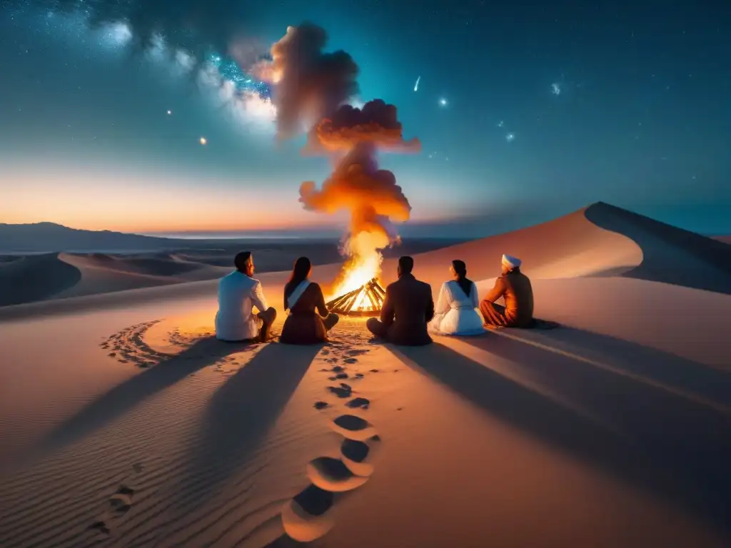 Prácticas espirituales de tribus nómadas en ritual nocturno bajo las estrellas en el desierto