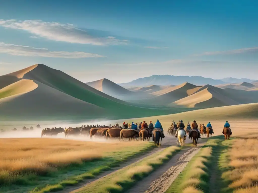 Prácticas nómadas en la Ruta: Grupo de nómadas en caballo pastoreando en la estepa, con yurtas y cielo azul