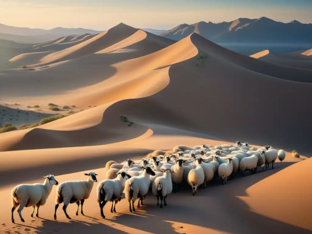 Prácticas de pastoreo de tribus nómadas en un vasto desierto al atardecer