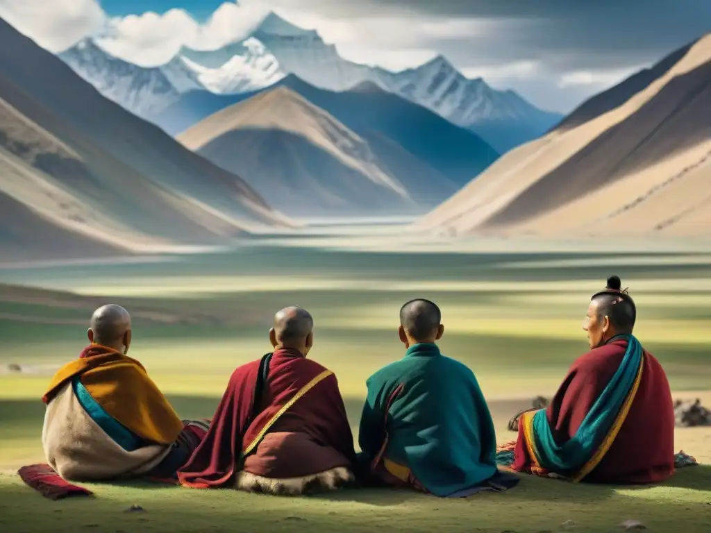 Prácticas religiosas de tribus nómadas tibetanas en meditación serena en la estepa