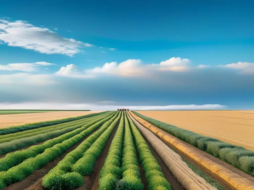 Prácticas sostenibles de agricultura en las estepas: agricultores tradicionales y modernos trabajando juntos en la dorada llanura bajo el cielo azul