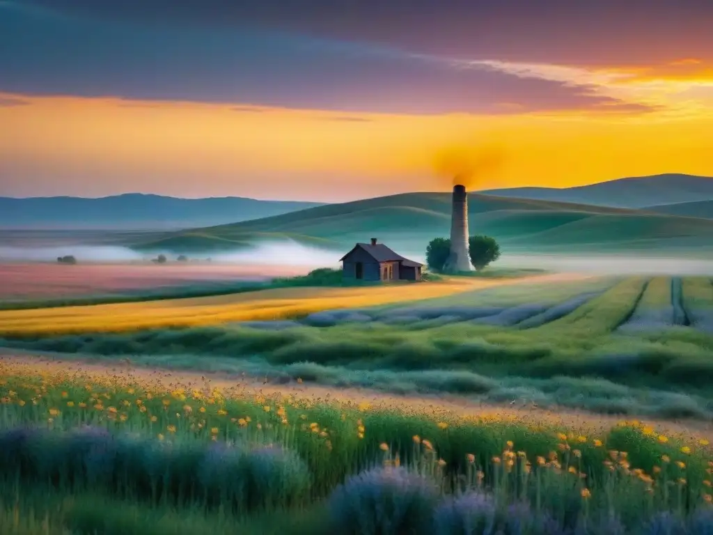 Prácticas sostenibles agricultura estepas: paisaje de estepa con campos de trigo dorado, flores silvestres y granja al atardecer