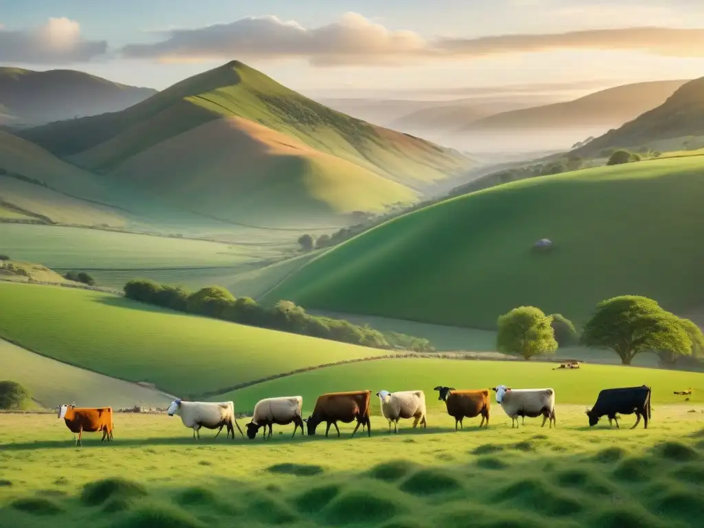 Un prado exuberante donde conviven vacas, ovejas y cabras en armonía, bajo la cálida luz dorada del atardecer