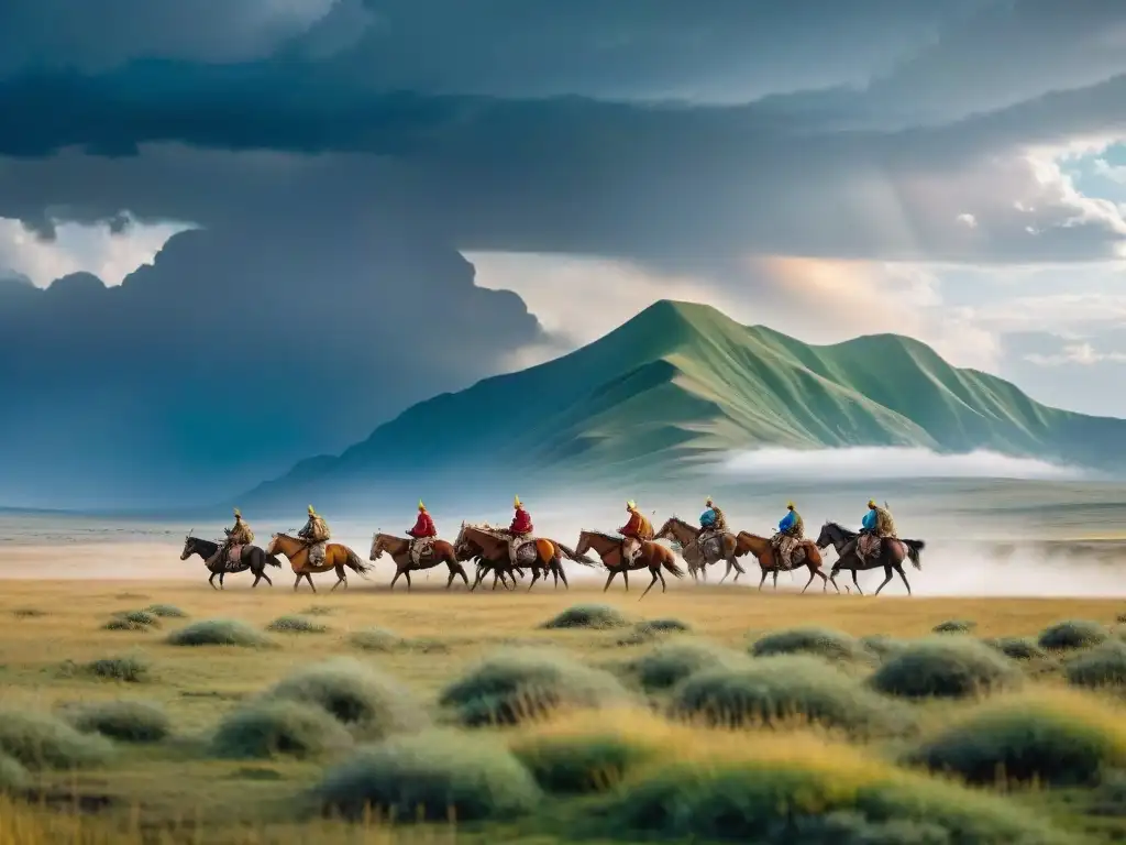 Estepa dorada: tribu nómada y cambio climático Predicciones migraciones tribus nómadas en estepa dorada bajo cielo amenazante