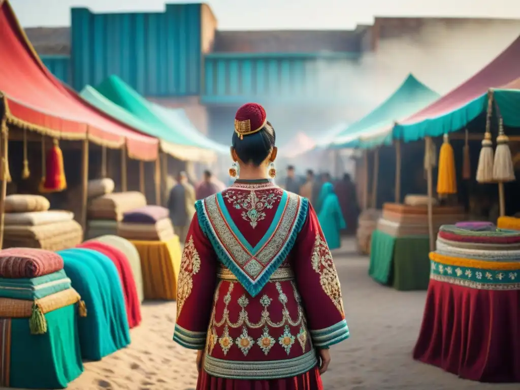 Una prenda tradicional de tribus nómadas exhibida en un bullicioso mercado, fusionando estilos y colores vibrantes