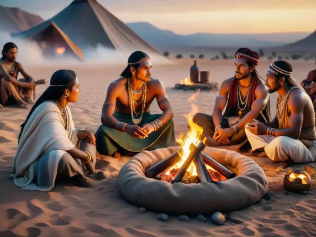 Preparación de venenos y medicinas por tribu nómada en el desierto al atardecer