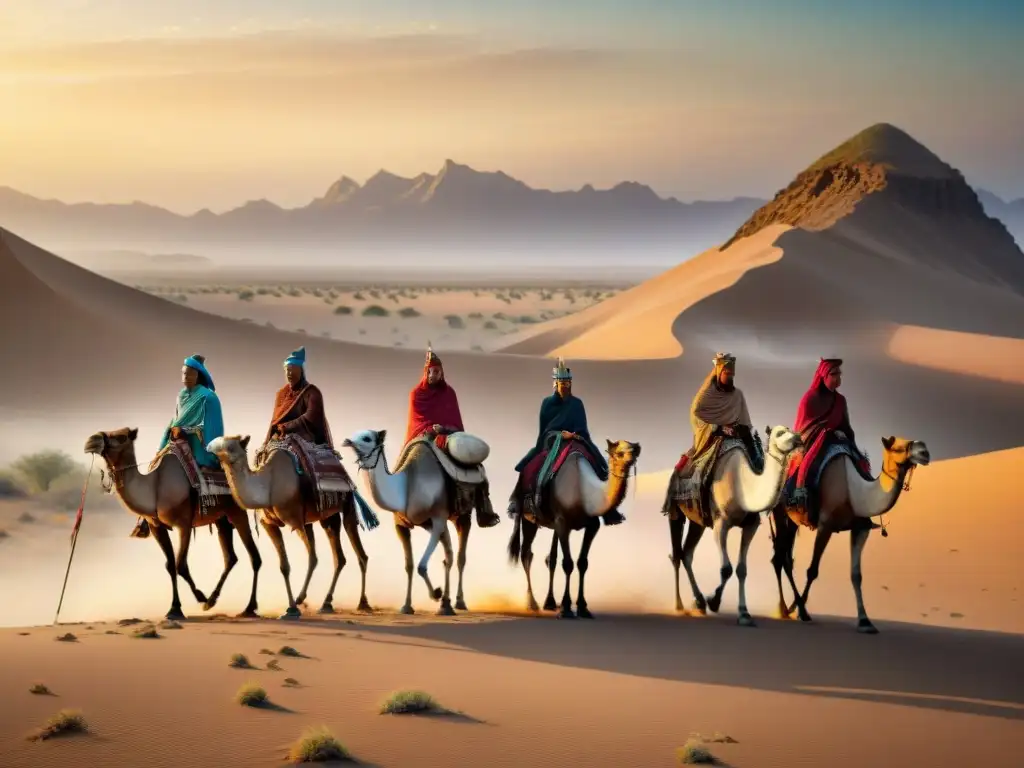 Una procesión detallada de una tribu nómada en un paisaje desértico al atardecer, mostrando su cultura y legado ancestral