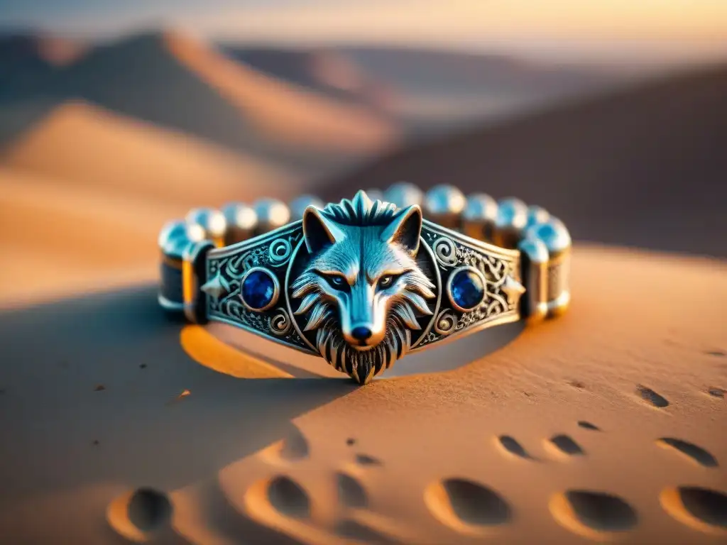 Pulsera de plata vintage con cabeza de lobo y paisaje desértico al atardecer