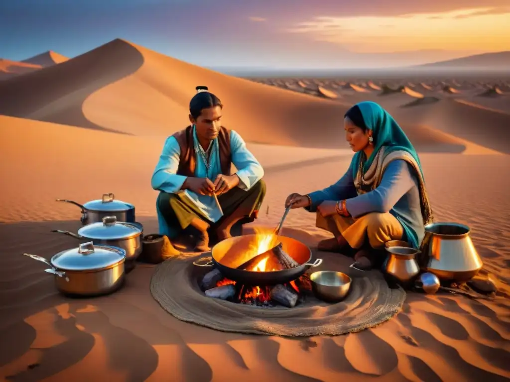 Recetas gastronomía tribus nómadas: Tribu nómada cocinando platos tradicionales alrededor de fogata en el desierto al atardecer