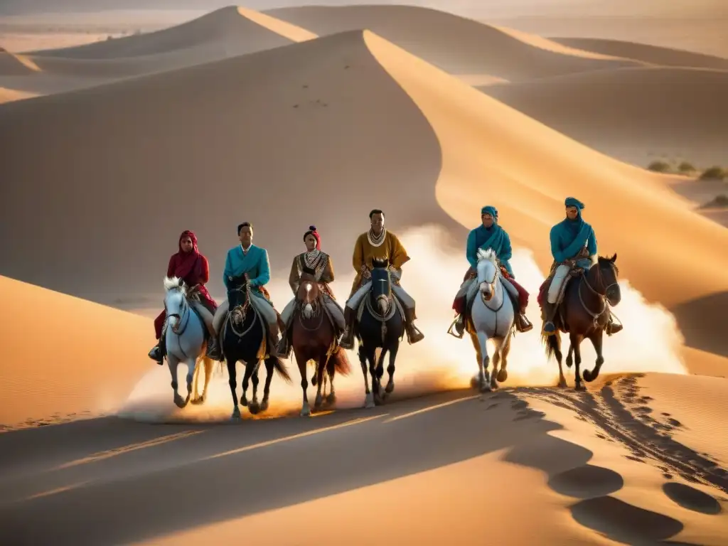 Reconstrucción de asentamientos tribus nómadas cabalgando en desierto dorado al atardecer