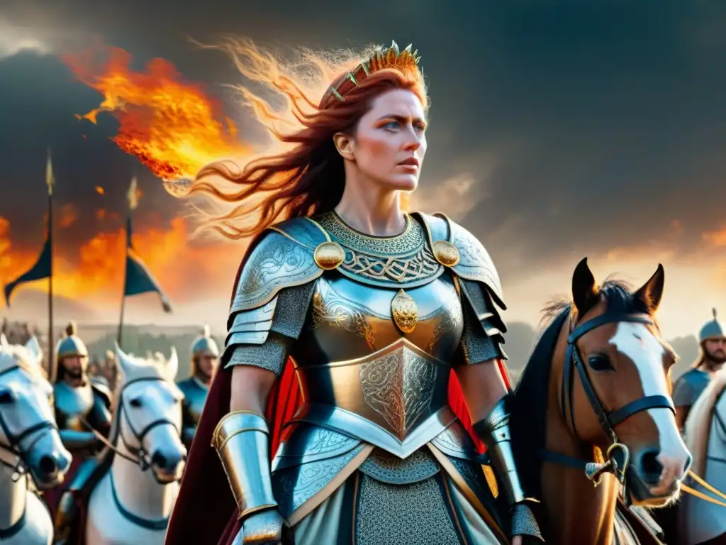 Reina Boudica: Guerrera Celta desafiando a Roma en batalla épica Reina guerrera Boudica historia: Ilustración detallada de Boudica en su carro de guerra, desafiando al Imperio Romano en batalla