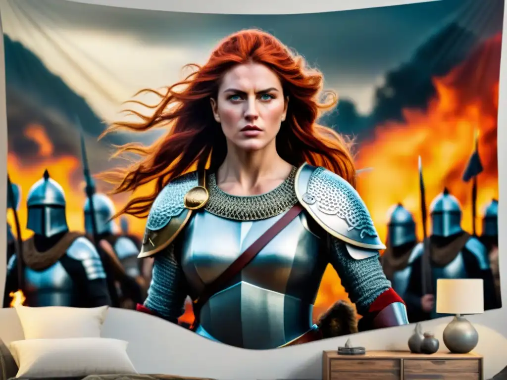 Boudica, Reina Guerrera: Líder implacable en la batalla Reina guerrera Boudica historia: Detallada imagen en tapiz vintage, Boudica liderando su ejército en batalla feroz
