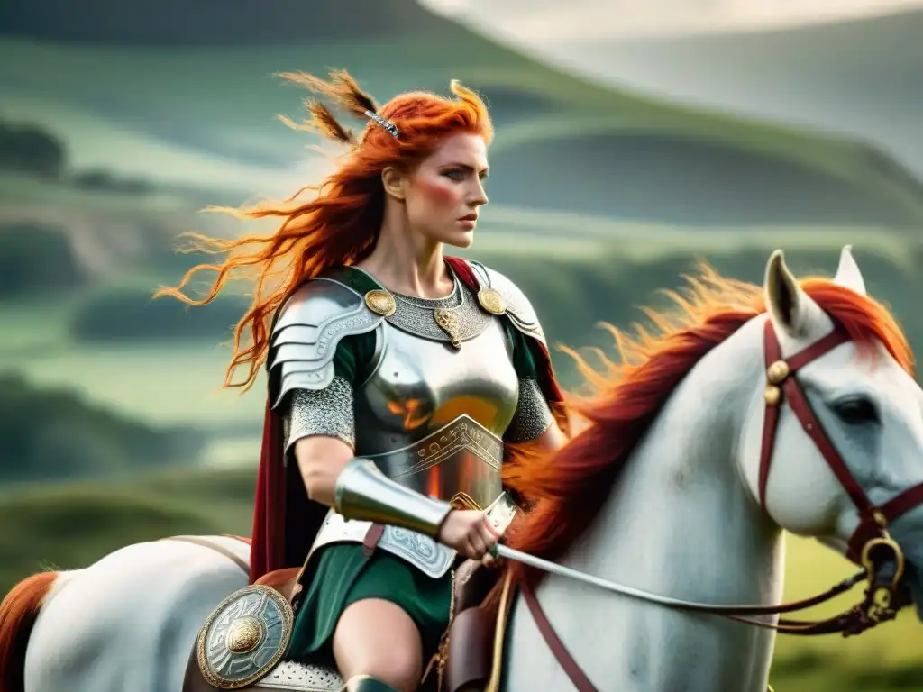 Boudica, Reina Guerrera: Fuerza celta en batalla Reina guerrera Boudica historia: Boudica en su carro de guerra, con pintura y armadura celta, liderando valientemente a su ejército contra los romanos en un paisaje verde