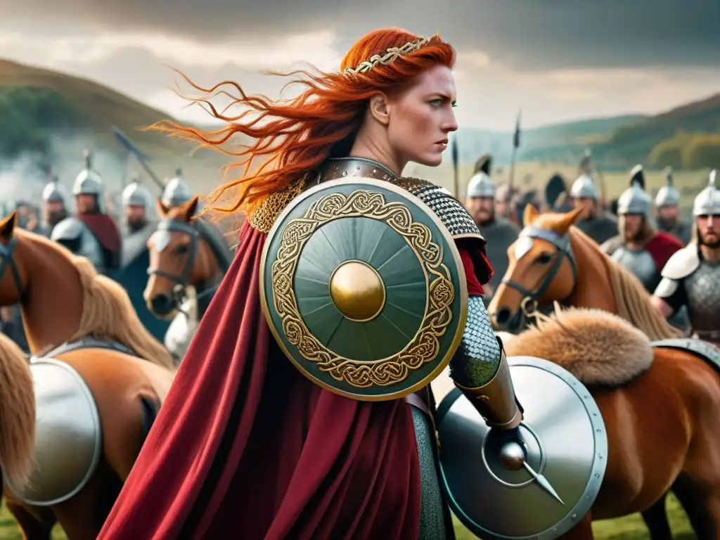 Reina Boudica: Feroz guerrera celta desafiando a Roma Reina guerrera Boudica historia: Imagen detallada de la legendaria Boudica en su carro de guerra, desafiando al Imperio Romano en batalla