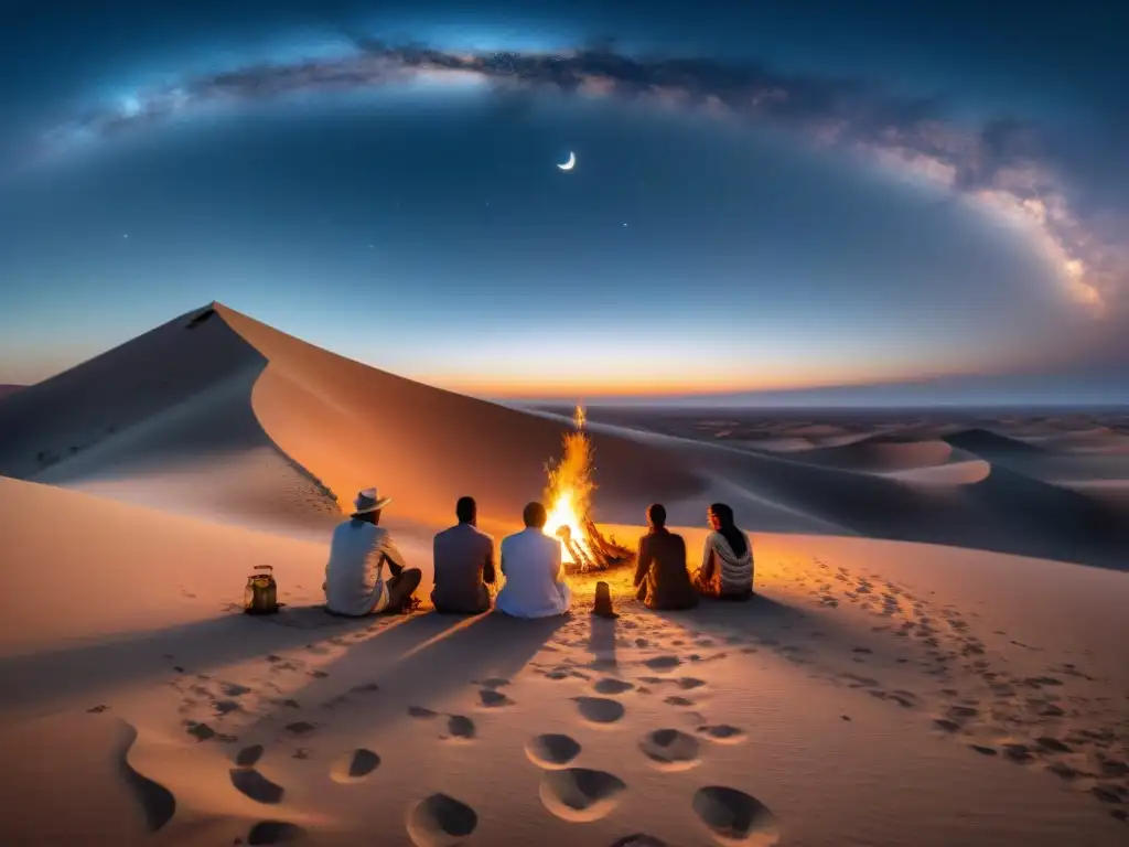 Renacimiento espiritual de tribus nómadas reunidas alrededor de una fogata en el desierto estrellado