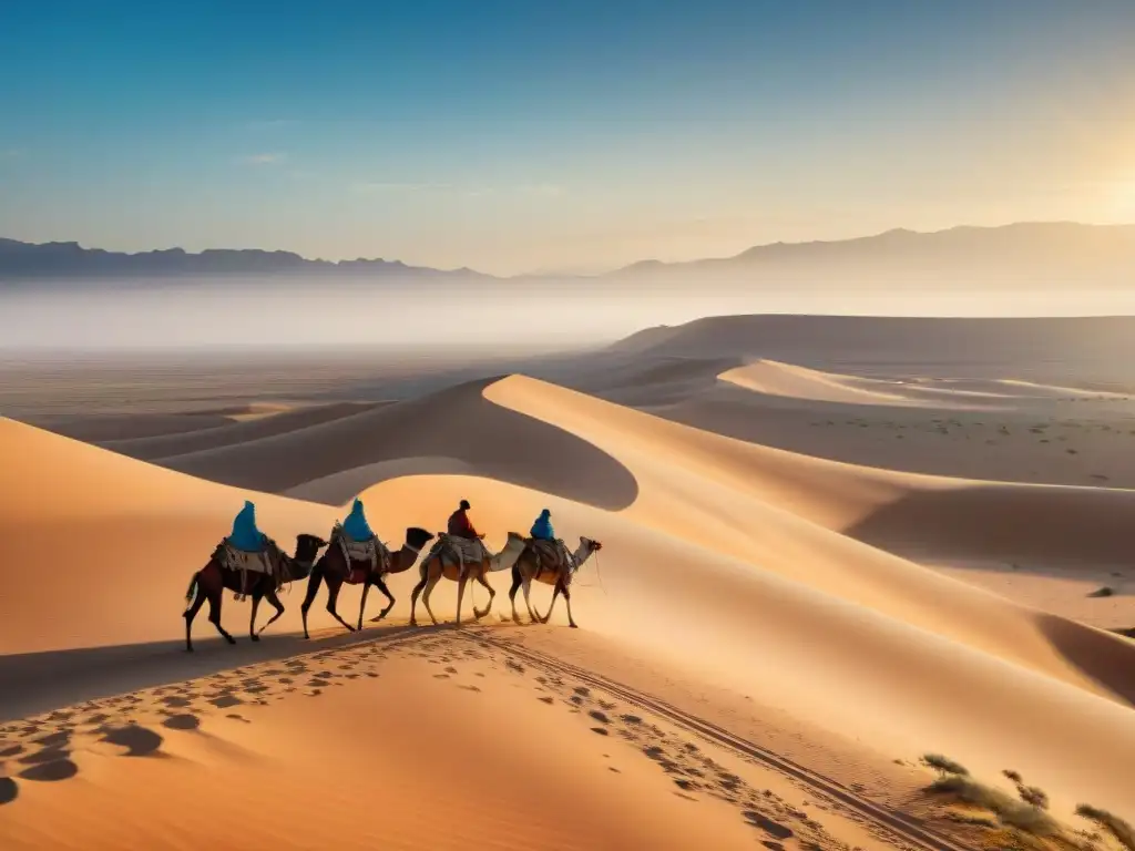 Resiliencia nómada: grupo de beduinos en desierto, tiendas tradicionales, camellos y actividades culturales bajo el sol abrasador