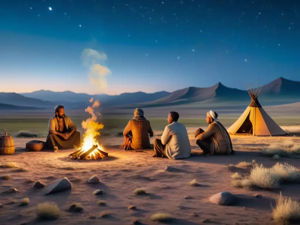 Resonancias de tribus nómadas escuchando historias alrededor del fuego en la estepa estrellada