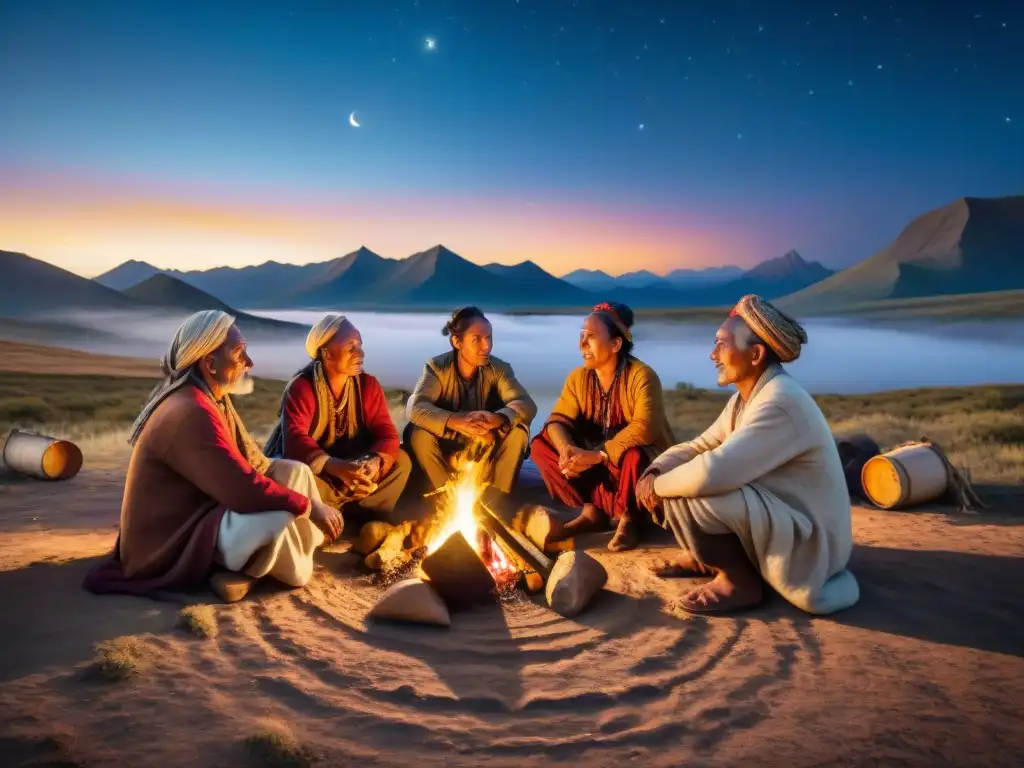 Resonancias de tribus nómadas en la noche estrellada de las estepas, música ancestral alrededor del fuego