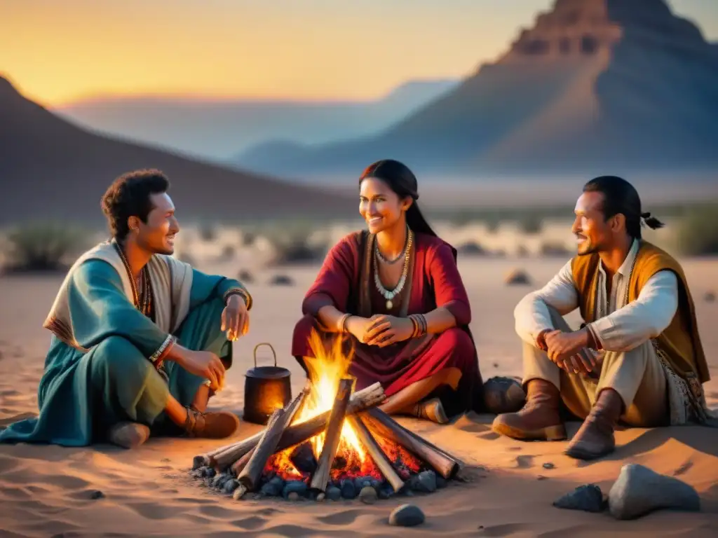 Retiro cultural tribus nómadas reunidas alrededor de fogata en el desierto, con atuendos vibrantes y cálida luz del atardecer