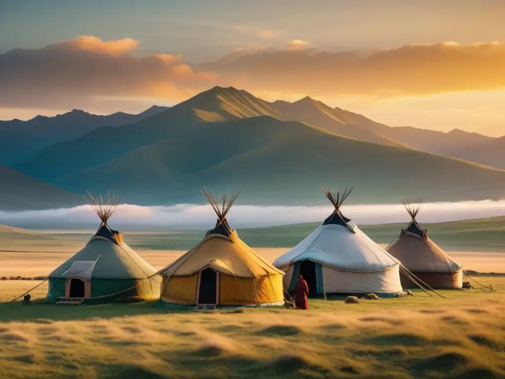 Retiro cultural de tribus nómadas en la estepa mongol al atardecer