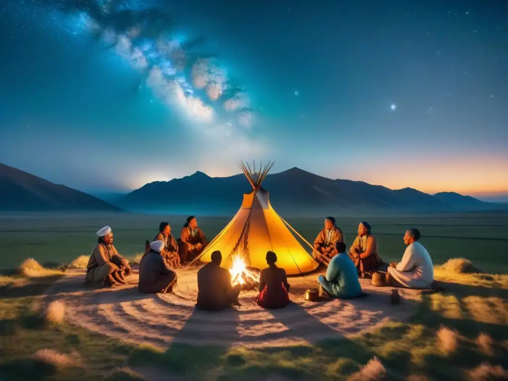 Retiros culturales tribus nómadas reunidas alrededor de fogata en estepas, bajo cielo estrellado