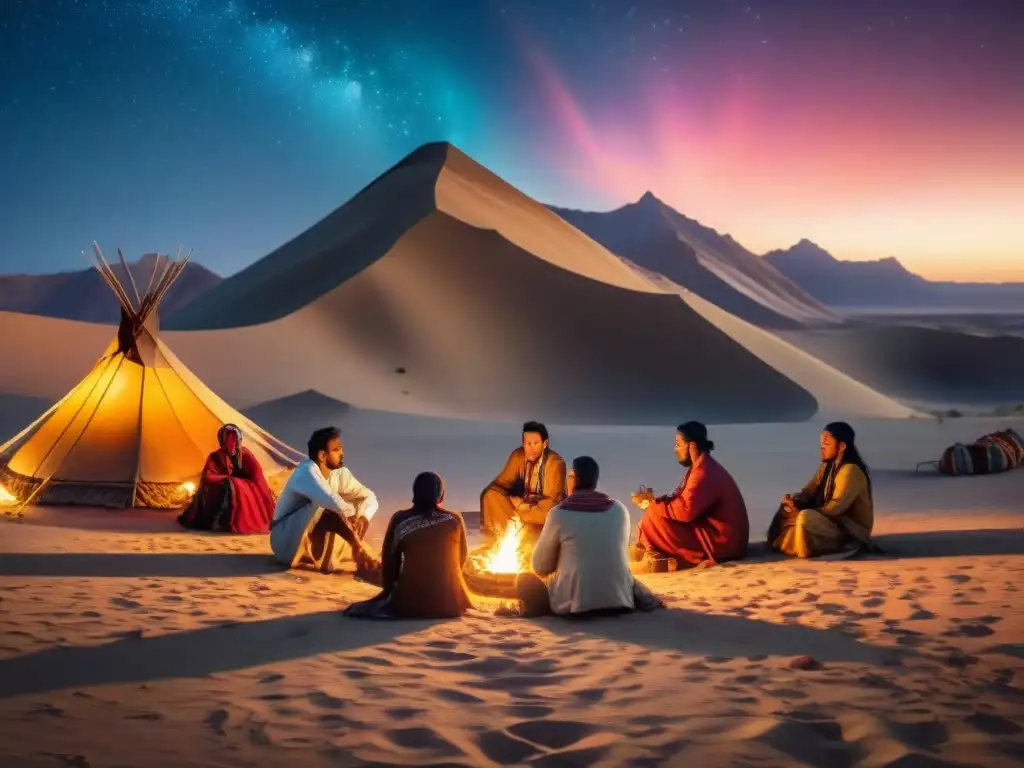 Retiros culturales tribus nómadas: Noche estrellada en el desierto, miembros tribales alrededor de fogata