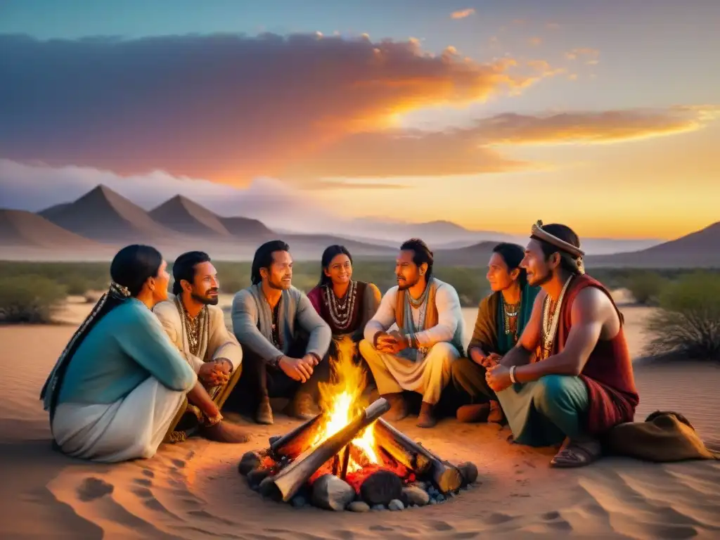 Retiros culturales tribus nómadas reúnen alrededor de fogata en el desierto al atardecer, compartiendo tradiciones