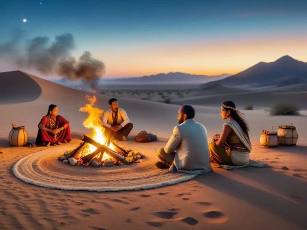 Retiros culturales tribus nómadas reunidas alrededor de fogata en el desierto dorado