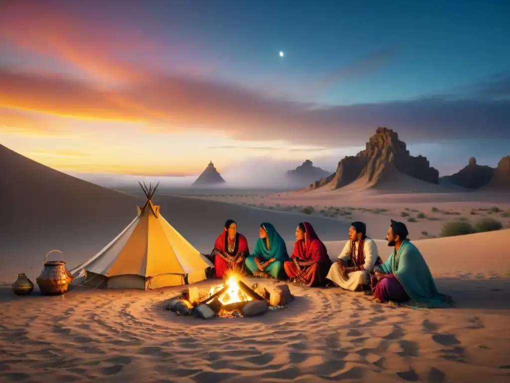 Retiros culturales tribus nómadas disfrutando de una noche estrellada alrededor de fogata en el desierto dorado