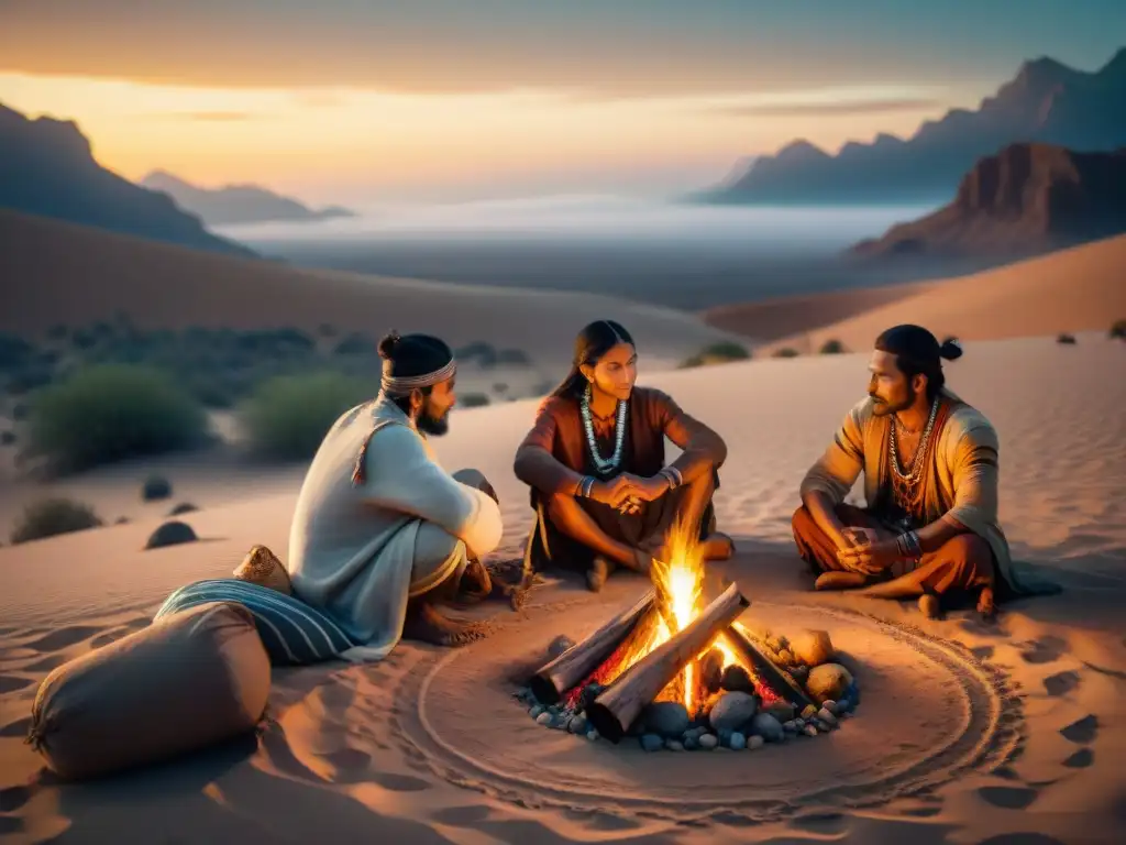 Retiro espiritual en desierto: tribu nómada alrededor de fogata Retiros espirituales con tribus nómadas cambiando en un campamento al atardecer, unidos alrededor de una hoguera