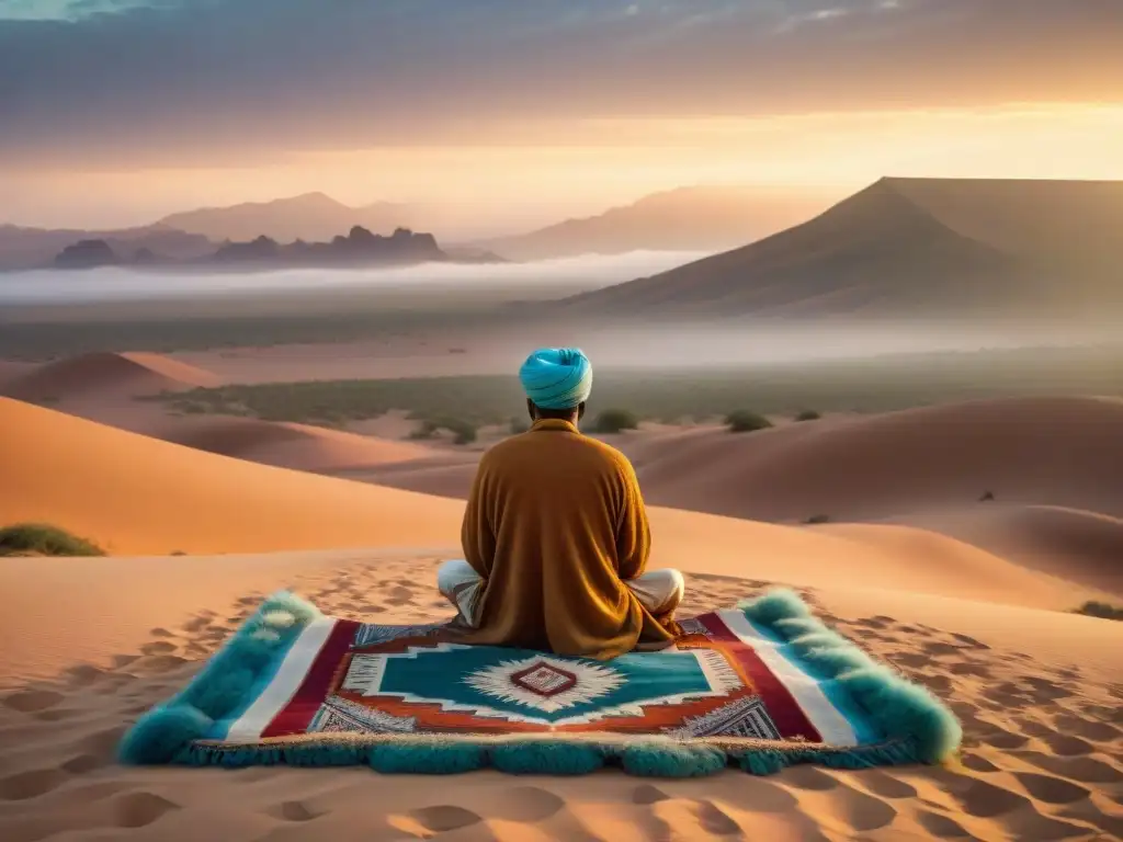 Retiros espirituales tribus nómadas en un desierto dorado, tiendas tradicionales y meditación en grupo al atardecer