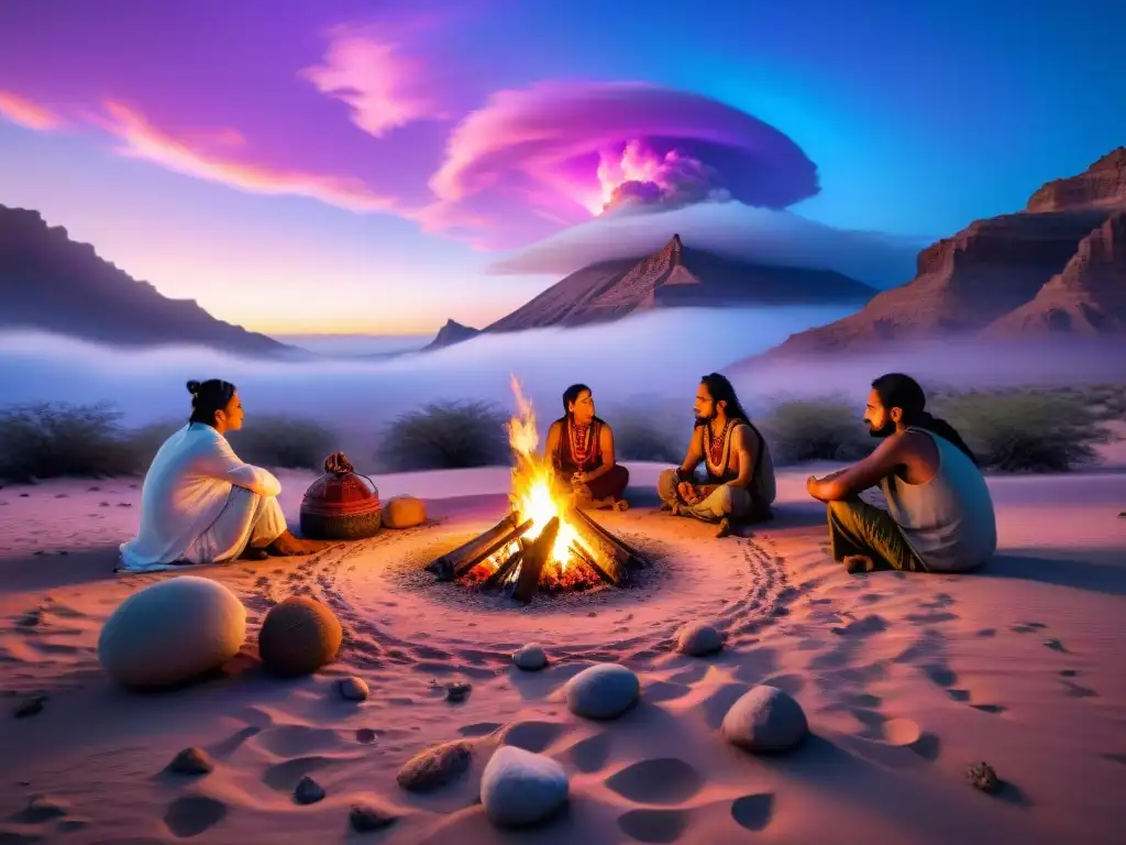 Campamento nómada al atardecer: paz y comunidad en el desierto Retiros espirituales con tribus nómadas cambiando en paisaje desértico al atardecer, comunidad reunida alrededor de fogata