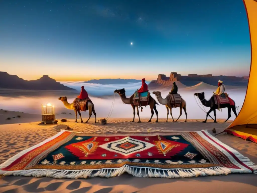 Tapiz vintage: tribu nómada en el desierto dorado bajo un cielo estrellado Retiros espirituales: tribus nómadas cambiando en un desierto dorado bajo un cielo estrellado