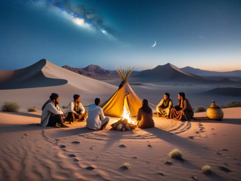 Retiros espirituales tribus nómadas reunidas alrededor de una fogata bajo un cielo estrellado en el desierto vasto