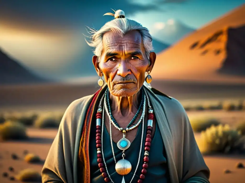 Retrato de anciano de tribu nómada con amuletos protectores culturas nómadas en desierto soleado