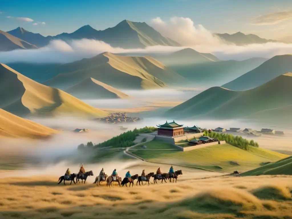 Administradores mongoles en tierras conquistadas: una ilustración detallada de intercambio cultural y dominio histórico Un retrato detallado de administradores mongoles supervisando territorios conquistados, mostrando paisajes y personas variadas bajo su dominio