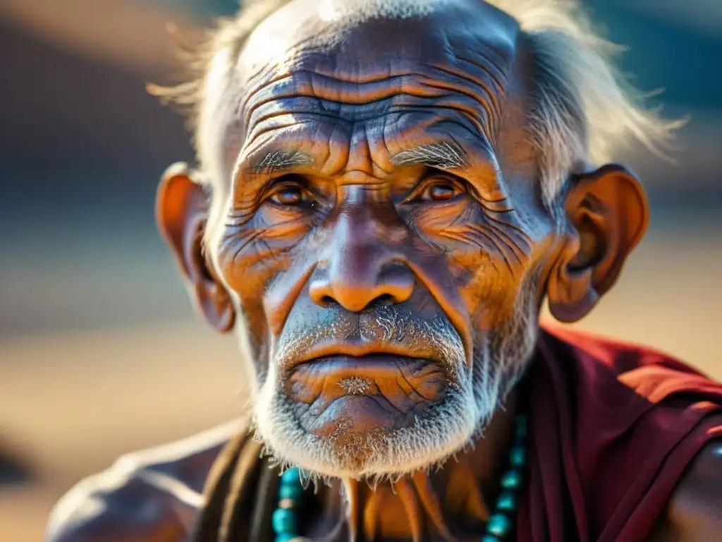 Retrato detallado de un anciano sabio de una tribu nómada, con un rostro envejecido que cuenta historias del pasado, lleno de arrugas que reflejan una vida bien vivida bajo el sol y las estrellas