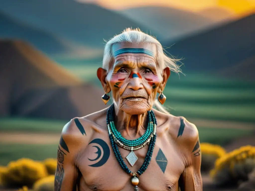 Retrato detallado de anciano sabio de tribu nómada con tatuajes que narran historia