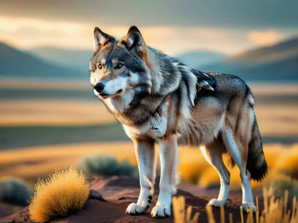 Retrato detallado de lobo gris en estepa dorada, destacando la importancia del lobo en estepas con su mirada sabia y pelaje texturizado