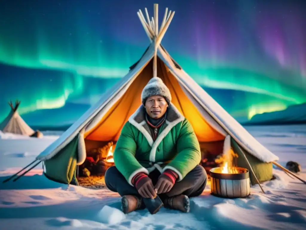 Retrato detallado de un nómada sami cocinando en una tienda lavvu tradicional, rodeado de paisajes nevados bajo la aurora boreal