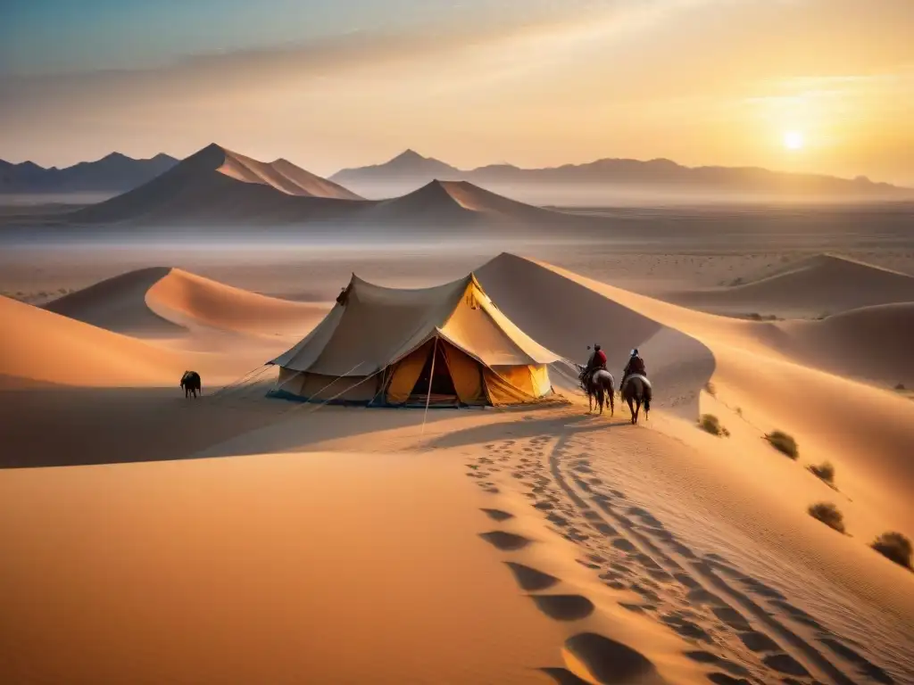 Un retrato detallado de una tribu nómada en el desierto al atardecer, resaltando la preservación de identidades tribus nómadas sedentarias