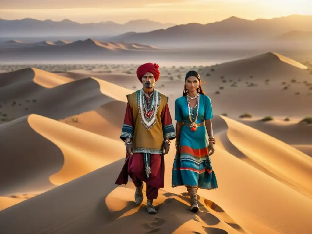 Un retrato detallado de una tribu nómada en ropa tradicional, con patrones e colores vibrantes en un desierto al atardecer