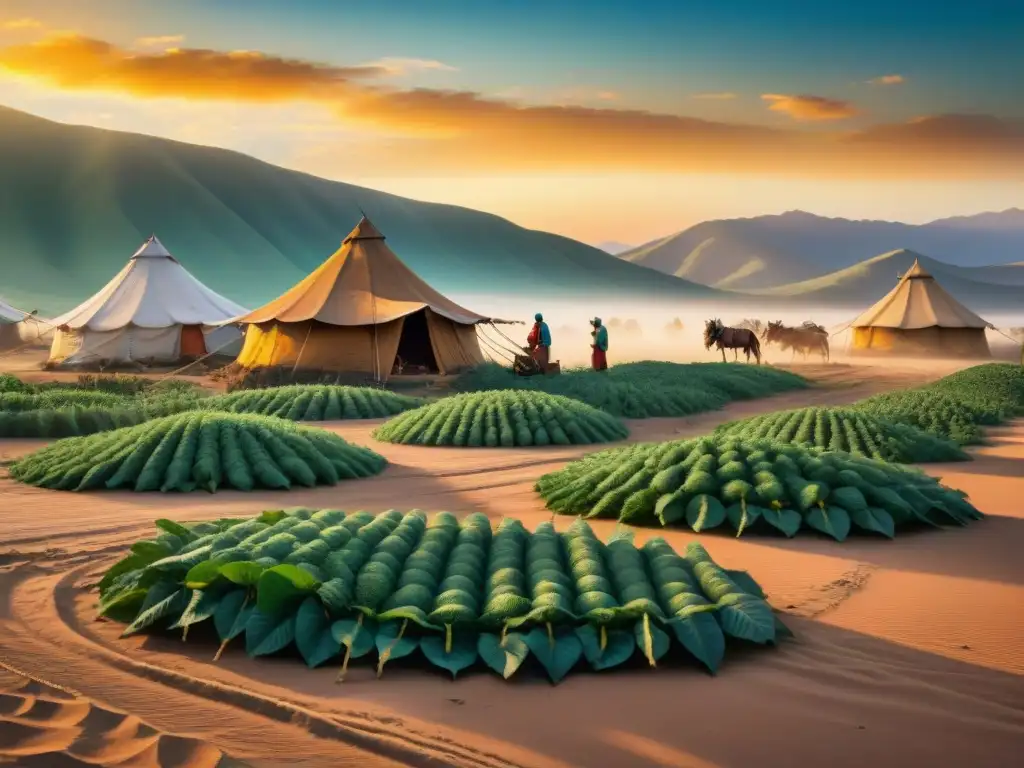 Un retrato detallado de una tribu nómada practicando sericultura en el desierto al atardecer