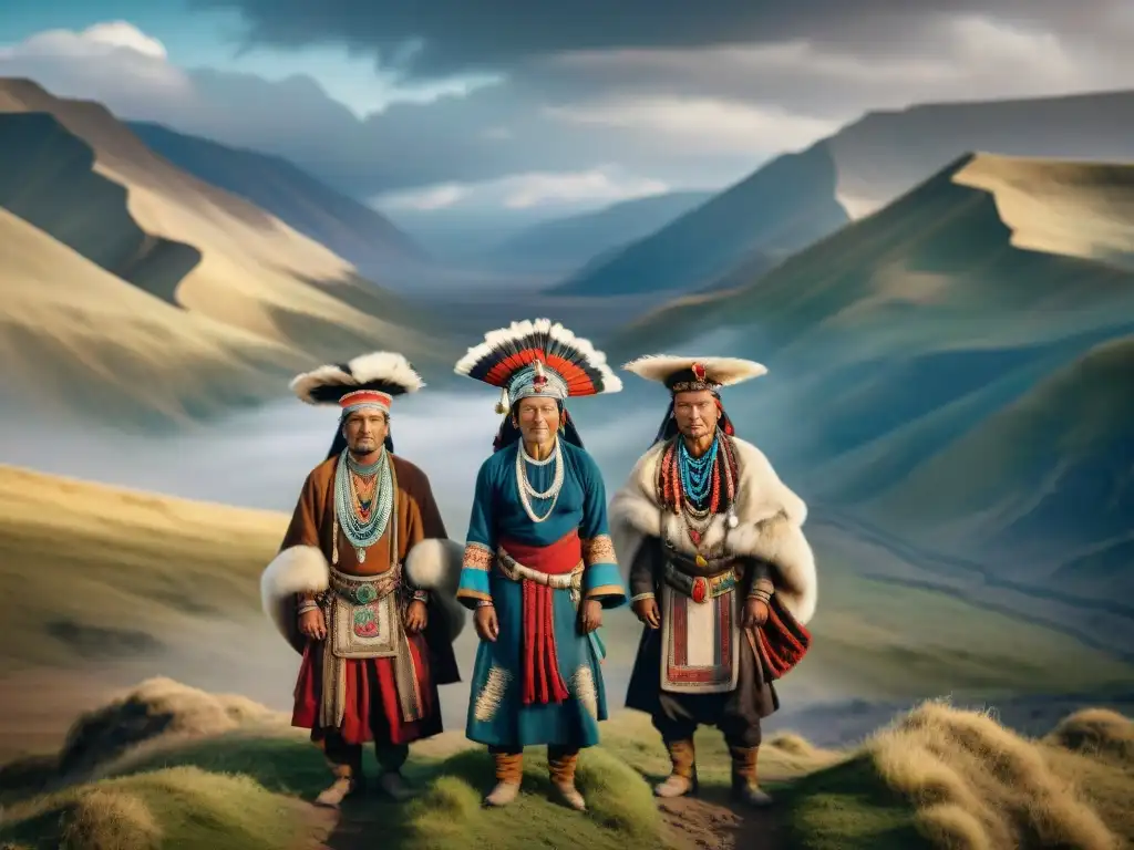 Un retrato detallado de tribus nómadas con exquisita ropa tradicional, en paisaje de colinas