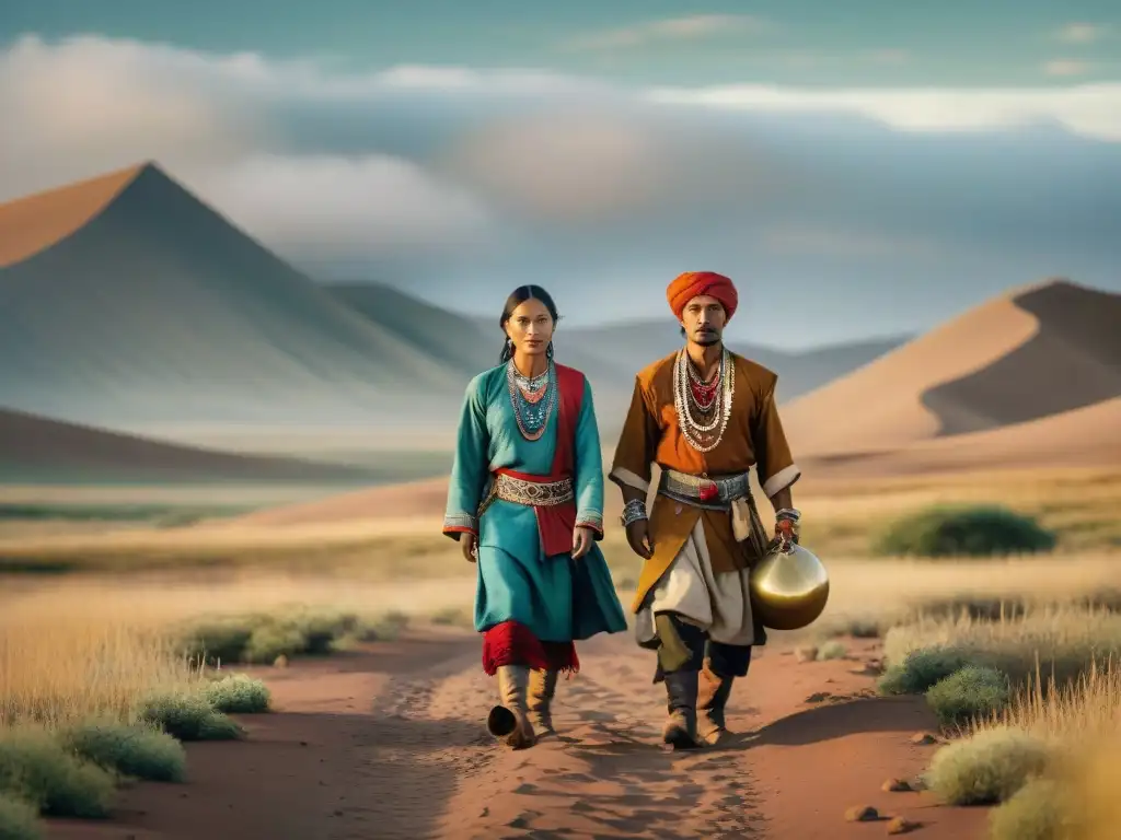 Un retrato detallado de tribus nómadas con ropa tradicional en una estepa vasta y árida